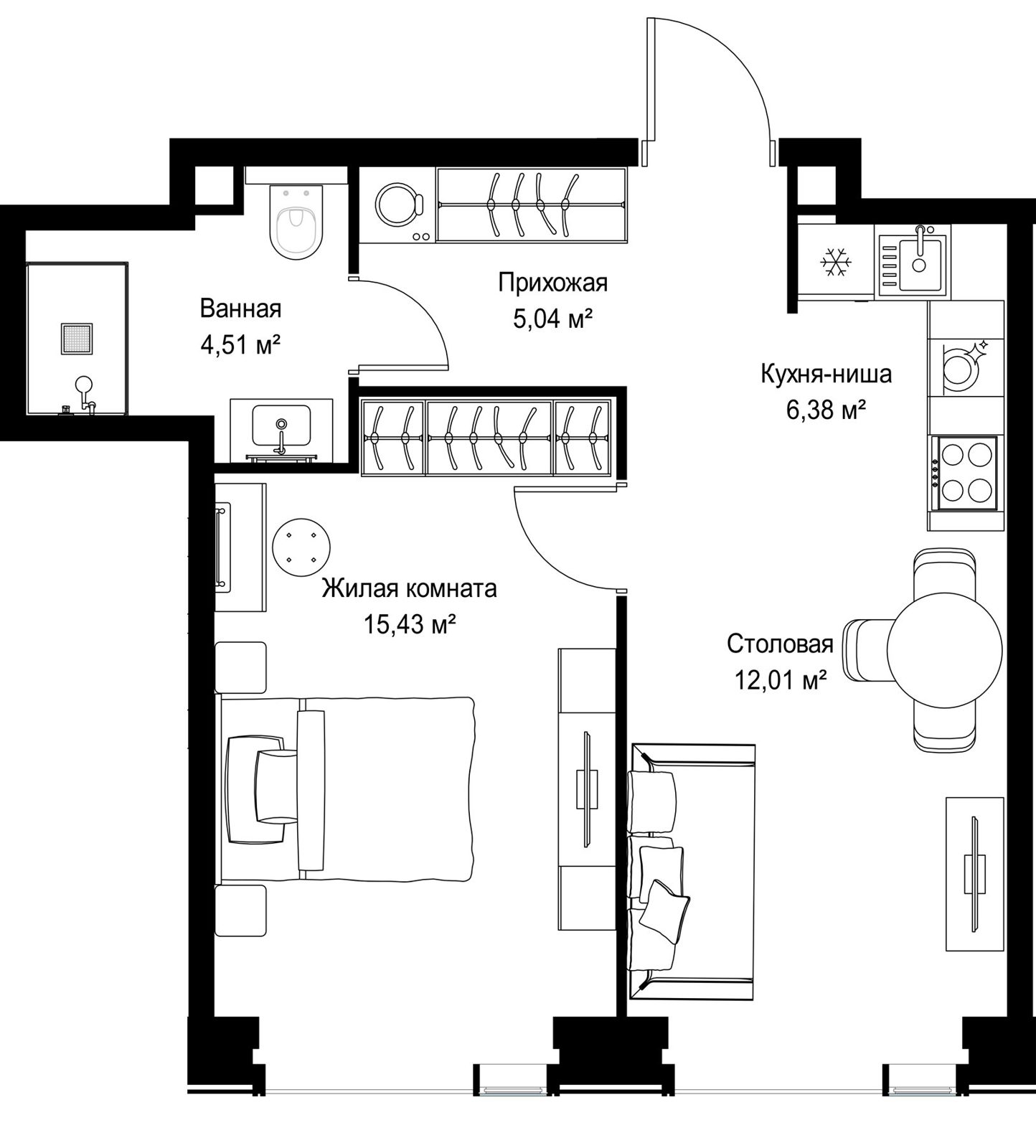 1-комнатная квартира, 43,4 м²