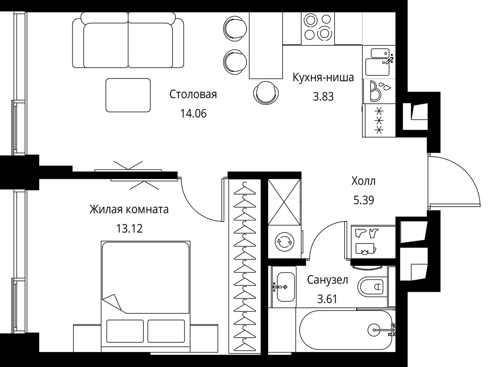1-комнатная квартира, 40 м²