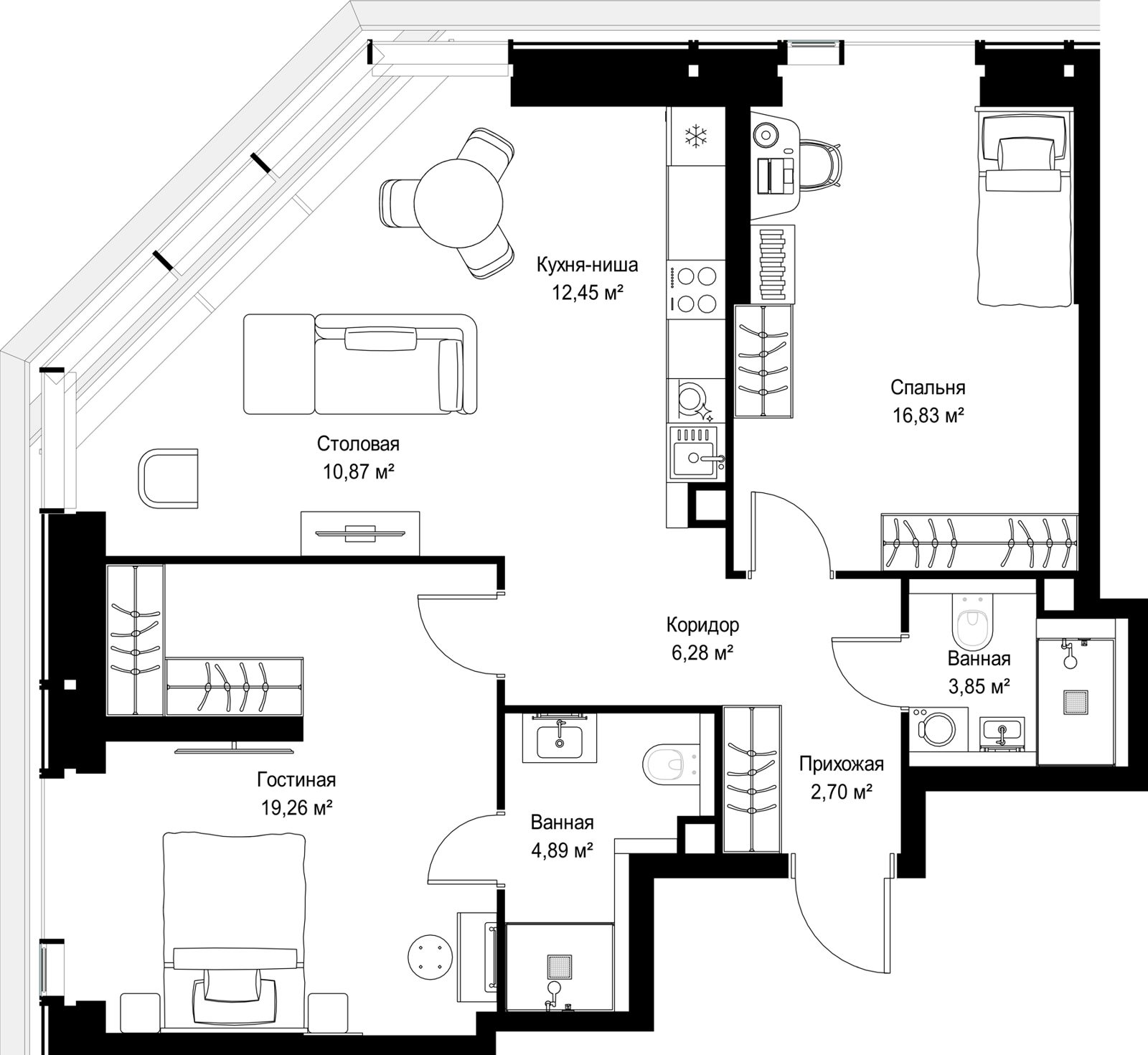 2-комнатная квартира, 77,1 м²
