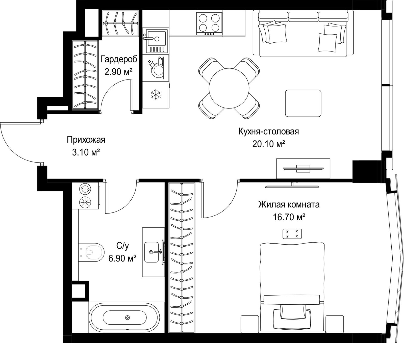 1-комнатная квартира, 49,7 м²
