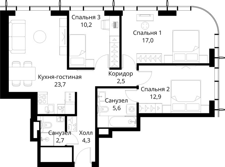 3-комнатная квартира, 78,9 м² — фото 1