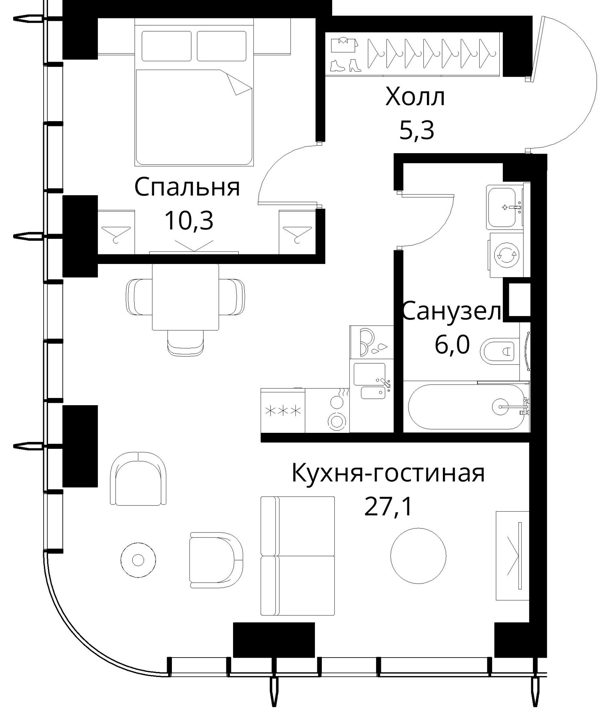 1-комнатная квартира, 48,7 м² — фото 1