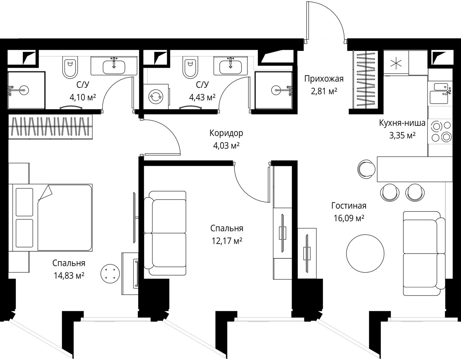 2-комнатная квартира, 61,3 м²