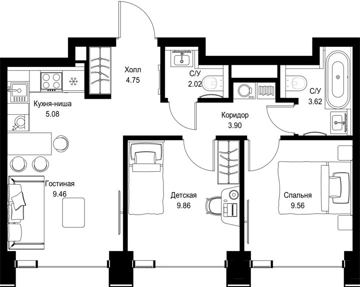 2-комнатная квартира, 48,2 м² — фото 1