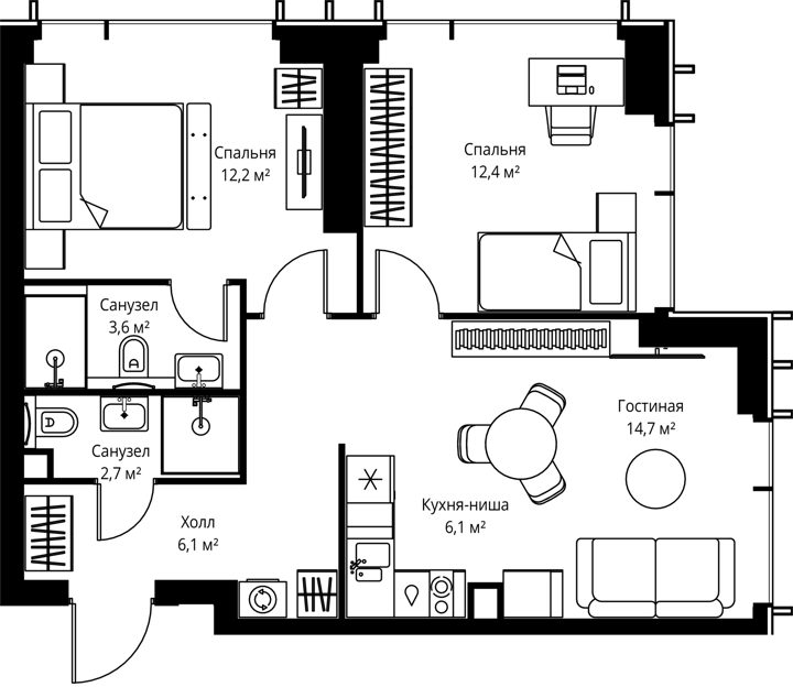 3-комнатная квартира, 57,8 м²