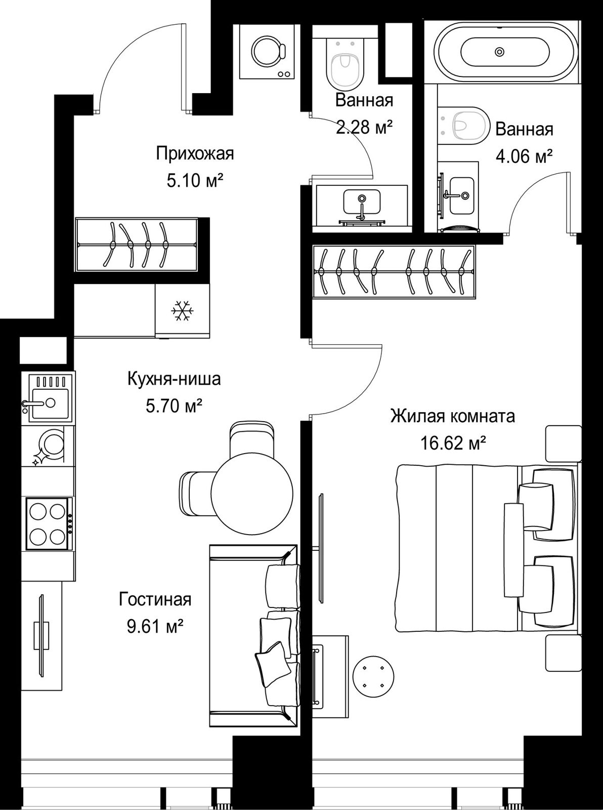 1-комнатная квартира, 43,4 м²
