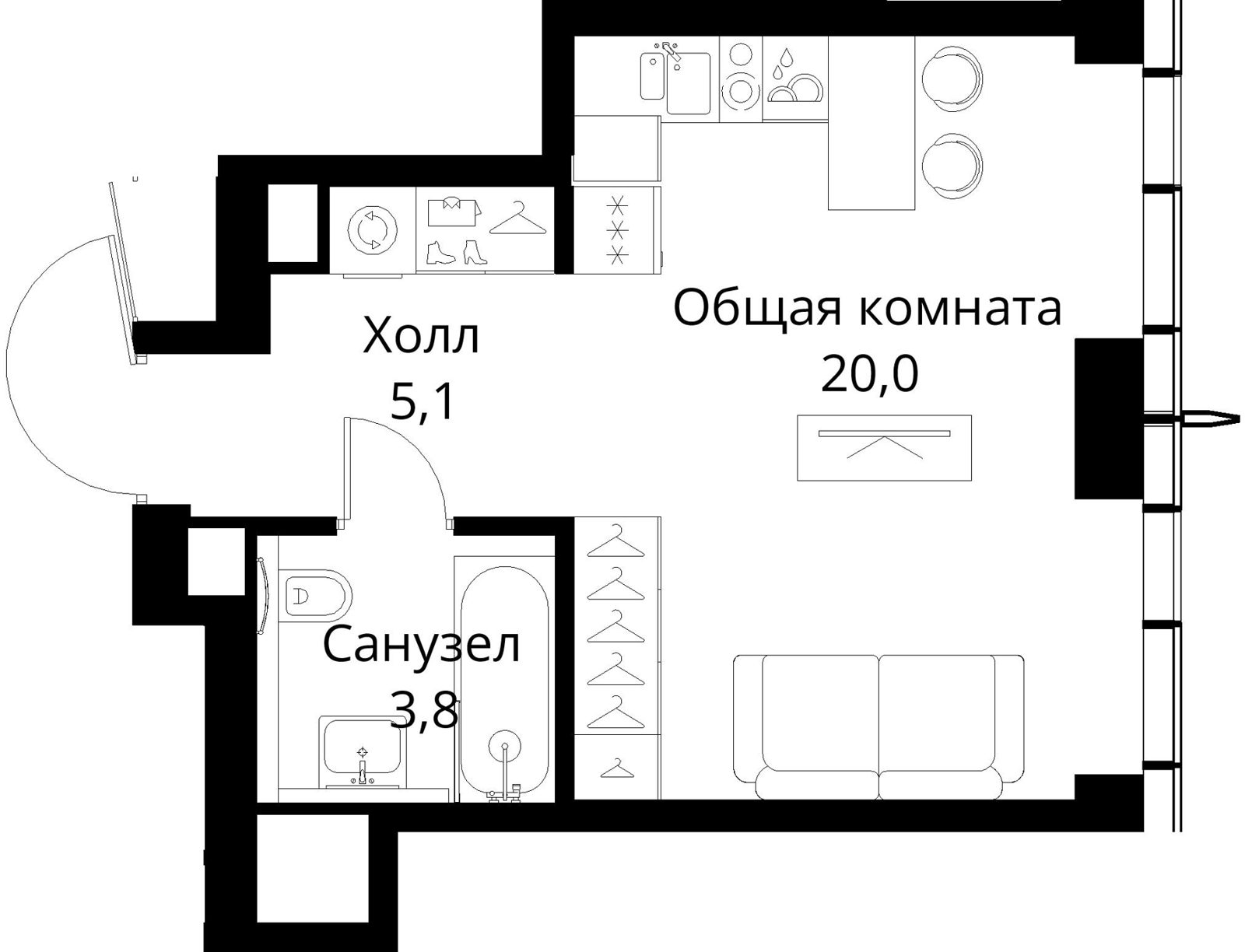 Квартира-студия, 28,9 м²