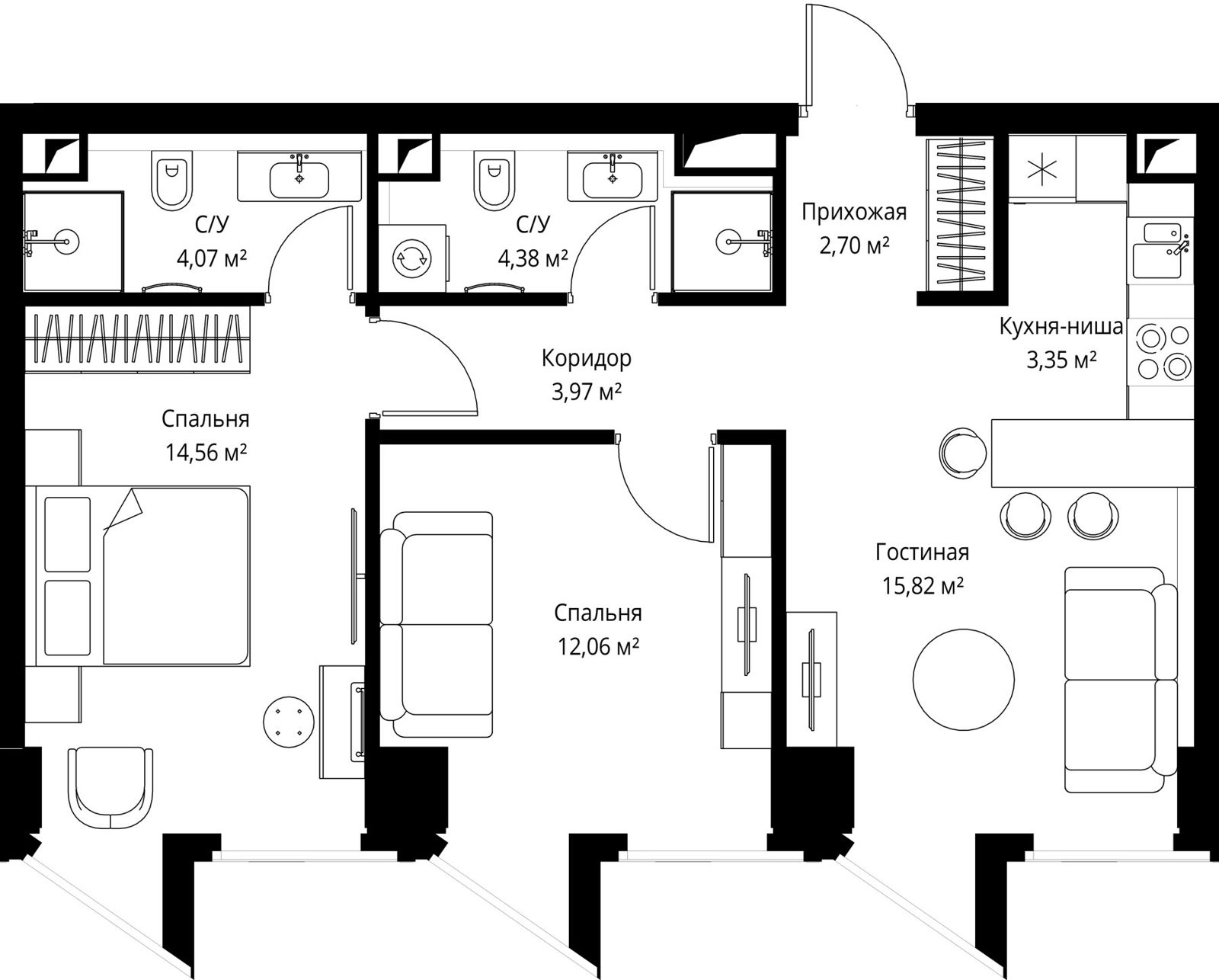 2-комнатная квартира, 60,9 м²