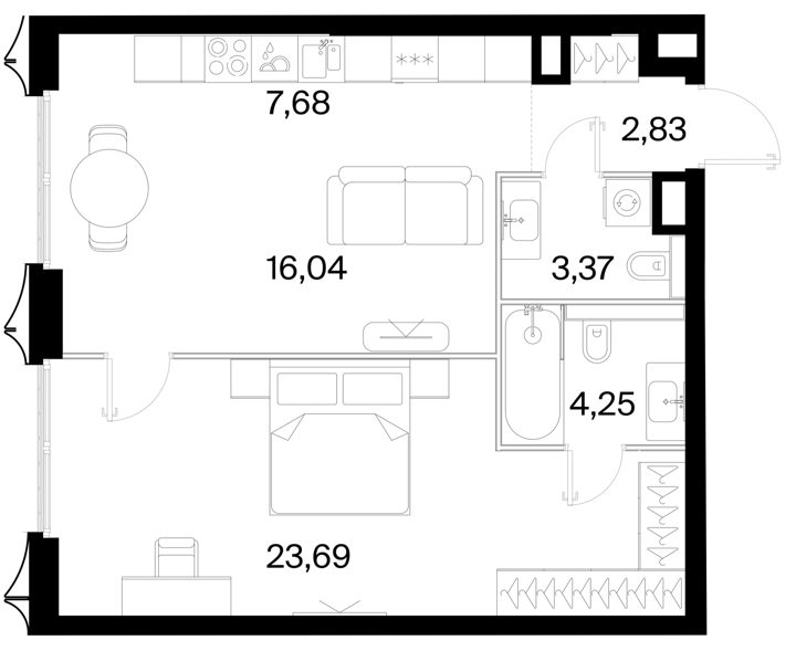 1-комнатная квартира, 57,9 м²