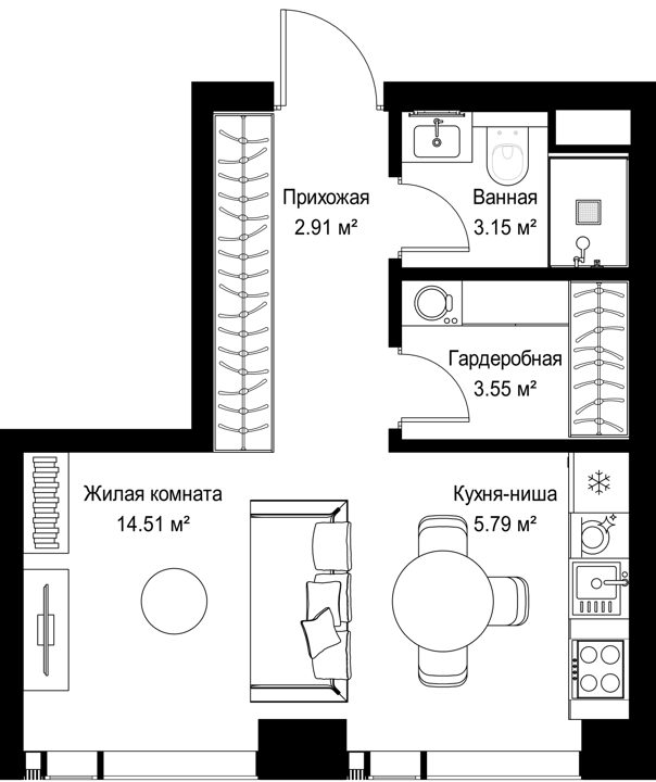 Квартира-студия, 29,9 м²