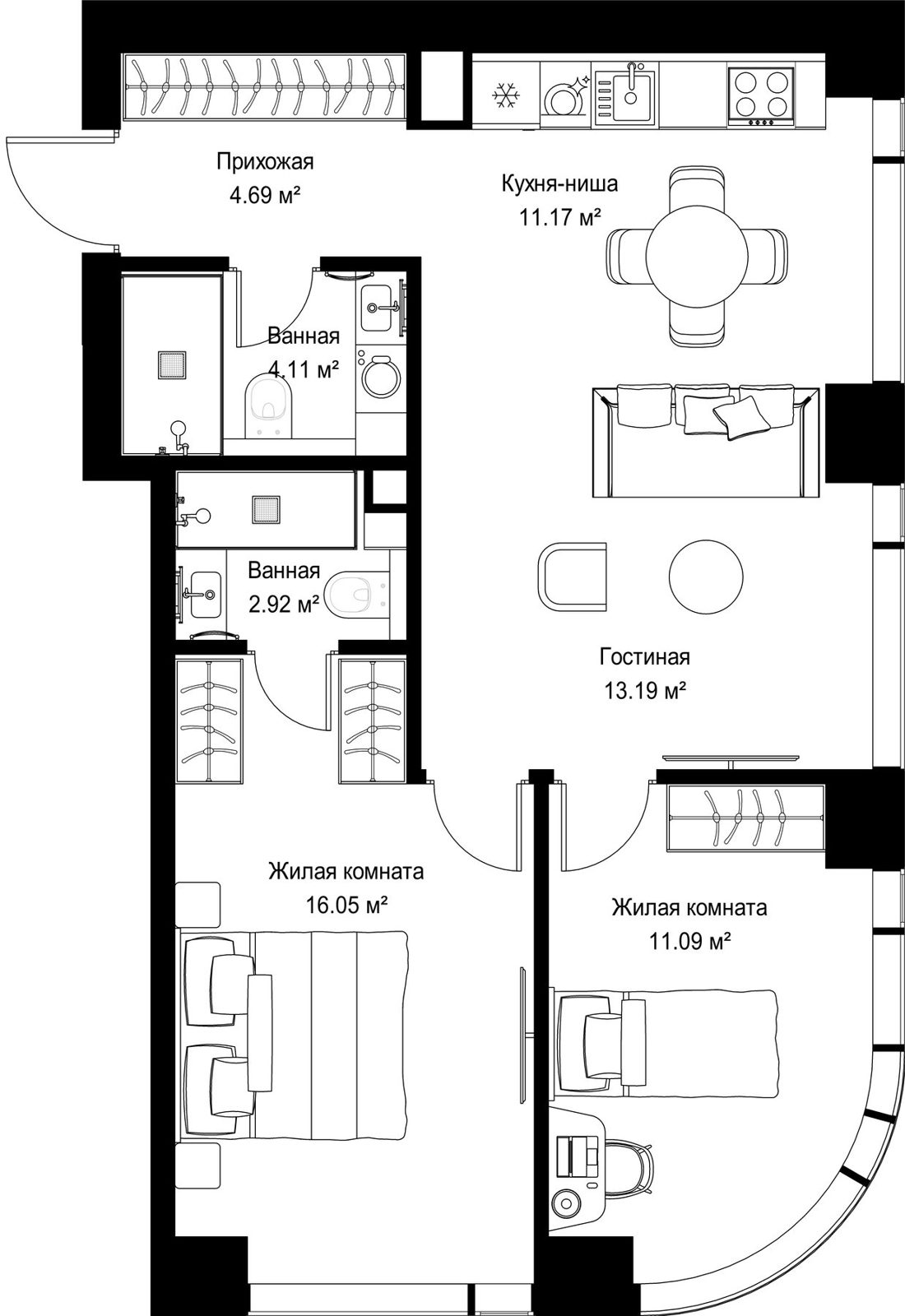 2-комнатная квартира, 63,2 м²