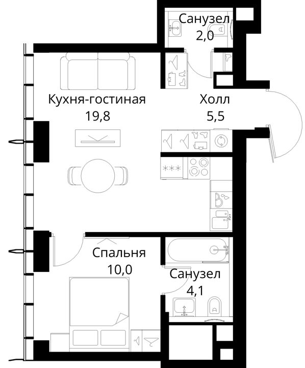 1-комнатная квартира, 41,4 м² — фото 1