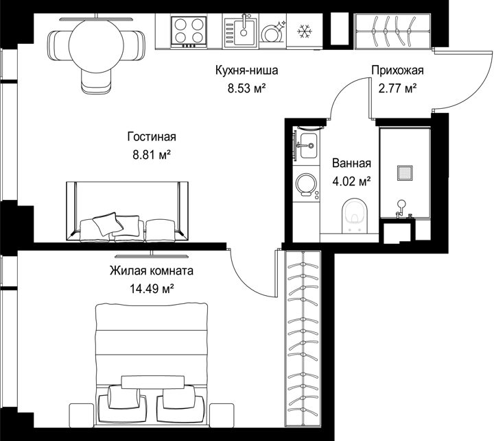 1-комнатная квартира, 38,6 м²