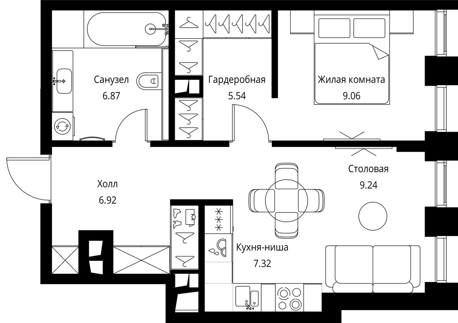 1-комнатная квартира, 45 м²