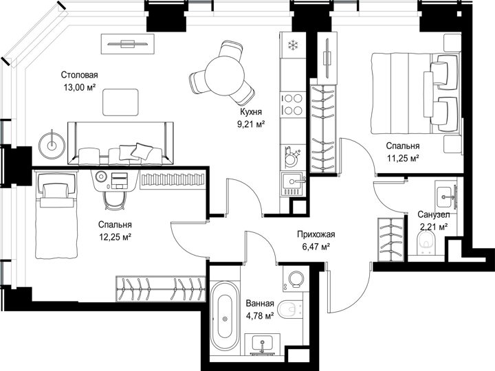 2-комнатная квартира, 59,2 м² — фото 2