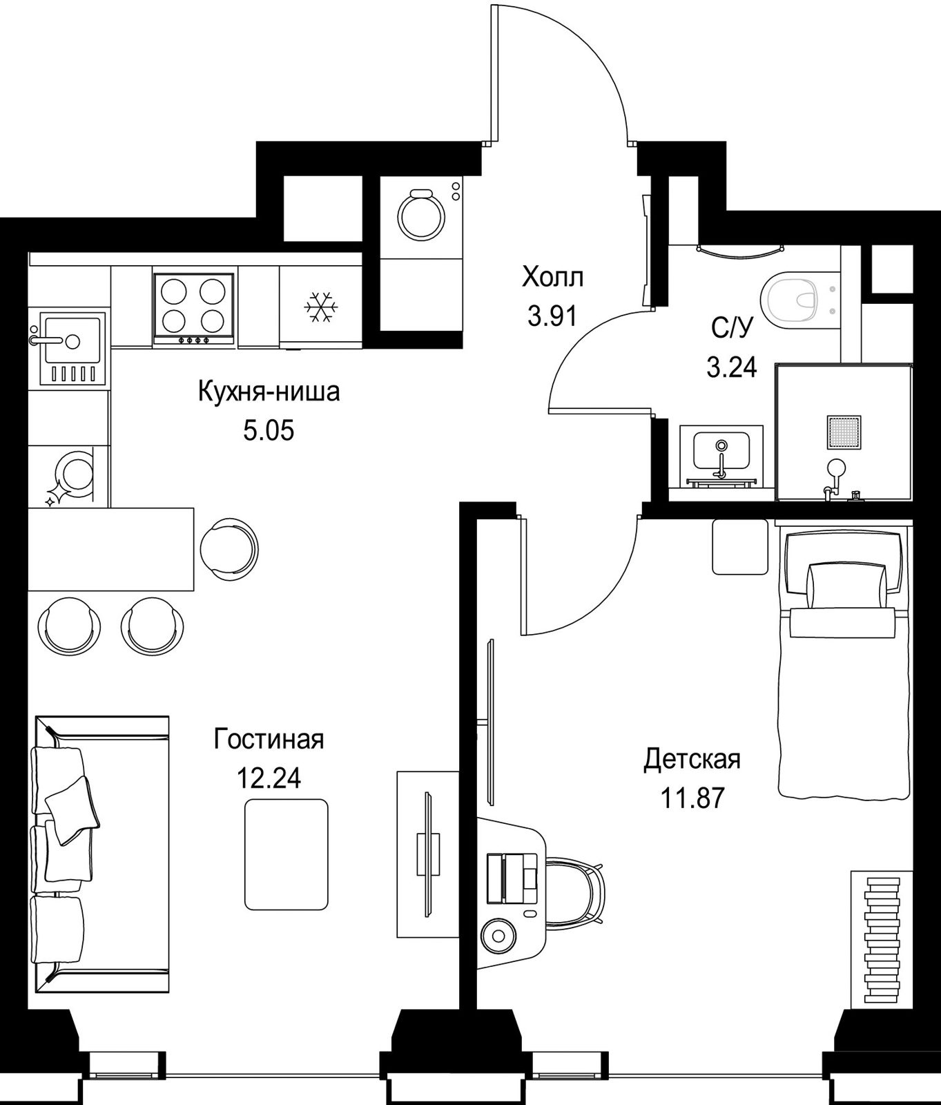 1-комнатная квартира, 36,3 м²