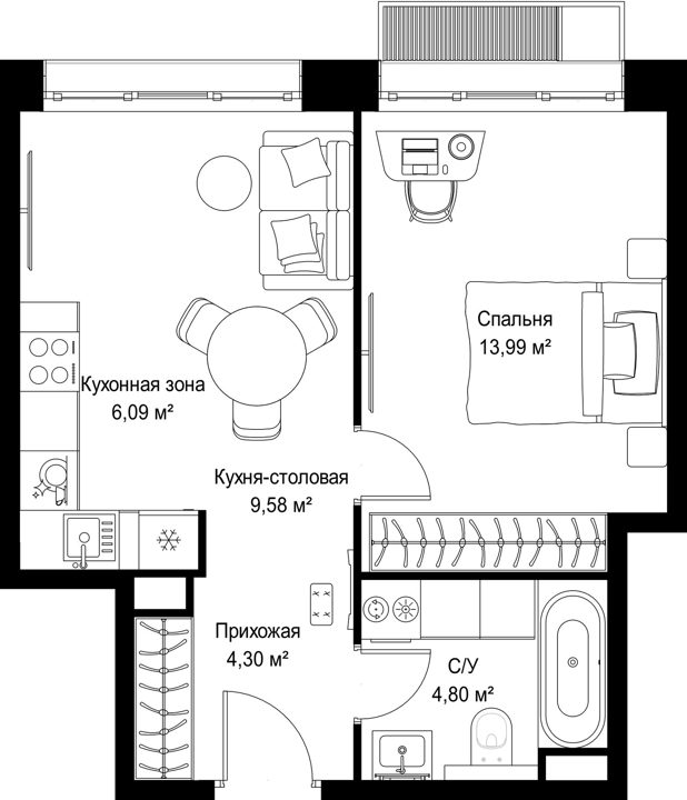 1-комнатная квартира, 38,8 м² — фото 1