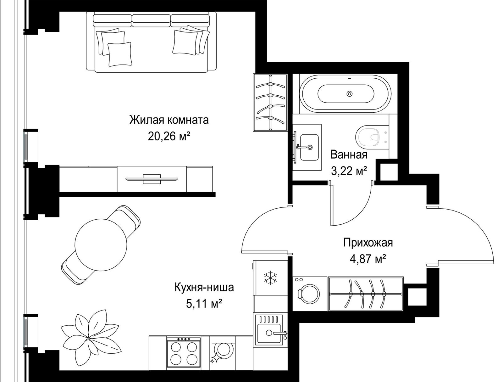 1-комнатная квартира, 33,5 м²