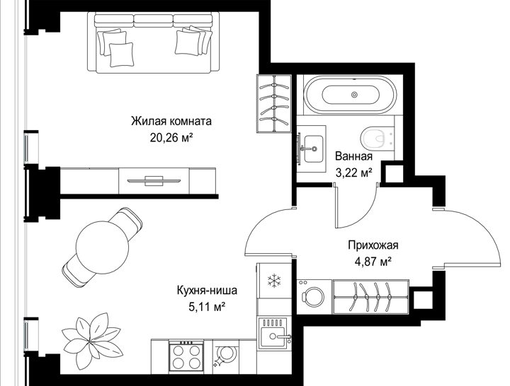 1-комнатная квартира, 33,5 м² — фото 1