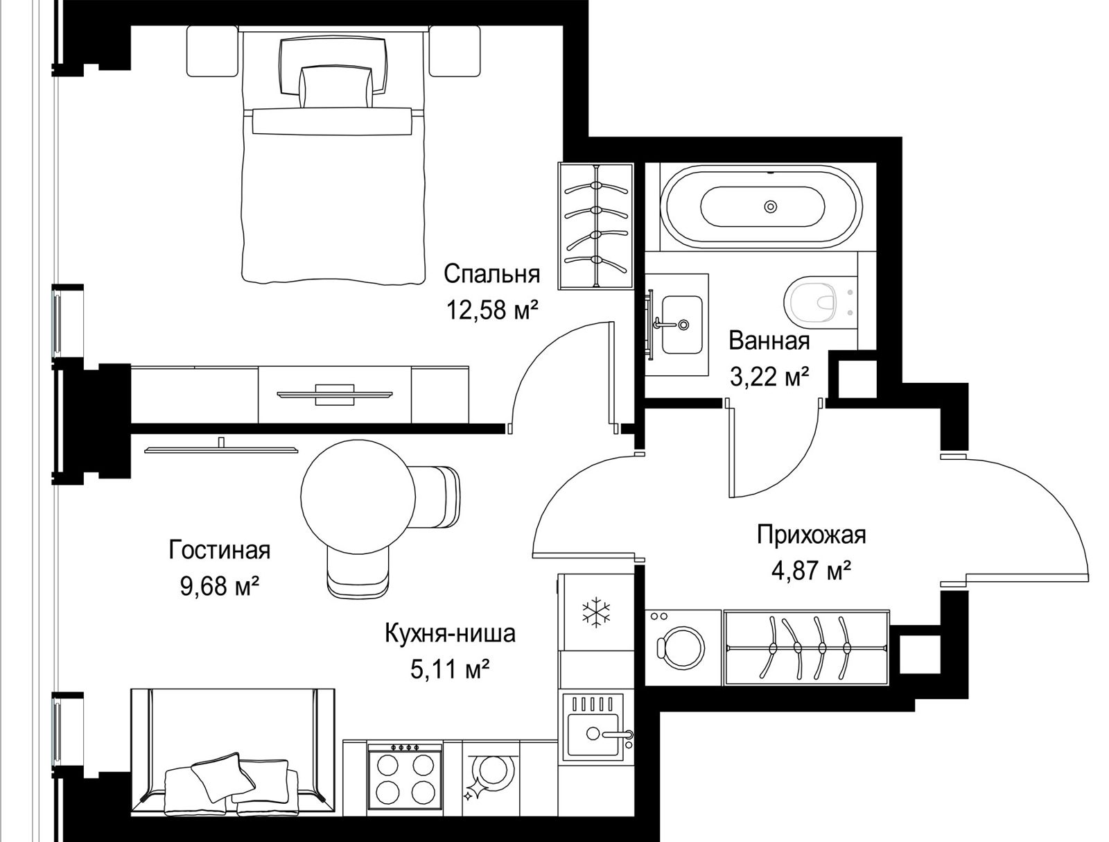 1-комнатная квартира, 33,5 м² — фото 2
