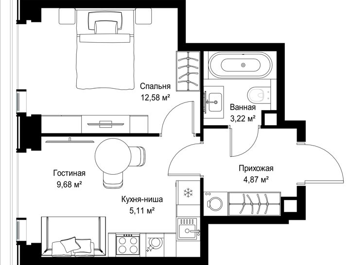 1-комнатная квартира, 33,5 м² — фото 2