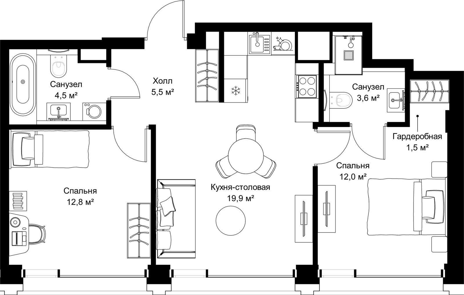 2-комнатная квартира, 59,8 м²