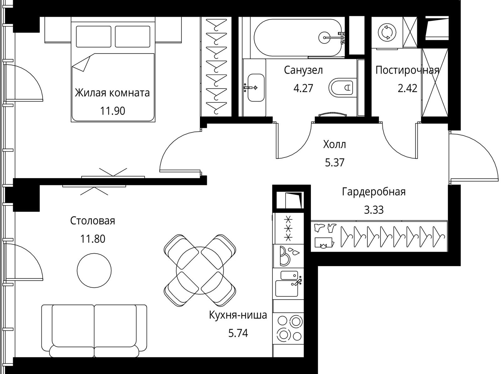 1-комнатная квартира, 44,8 м²