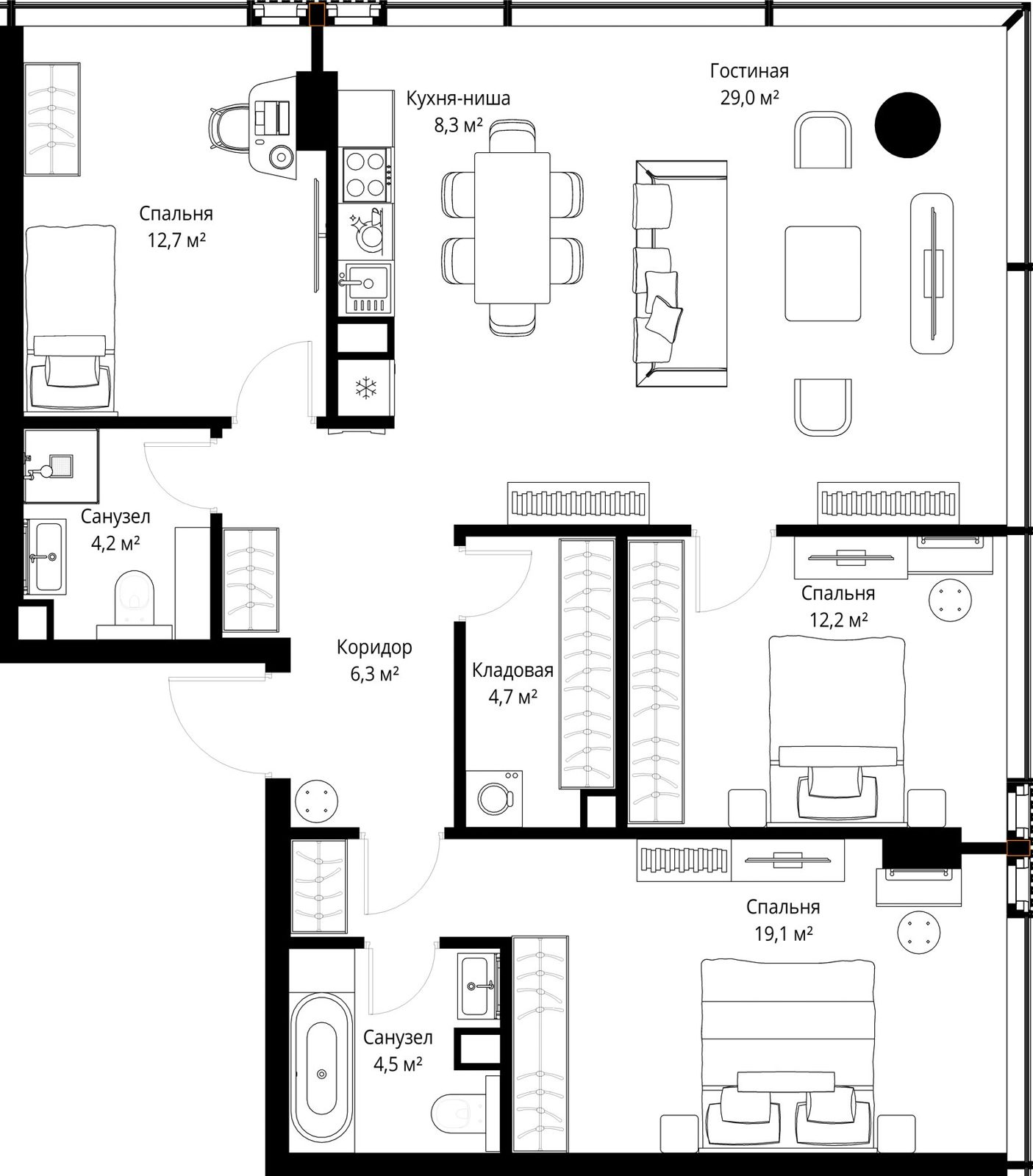 3-комнатная квартира, 101 м²