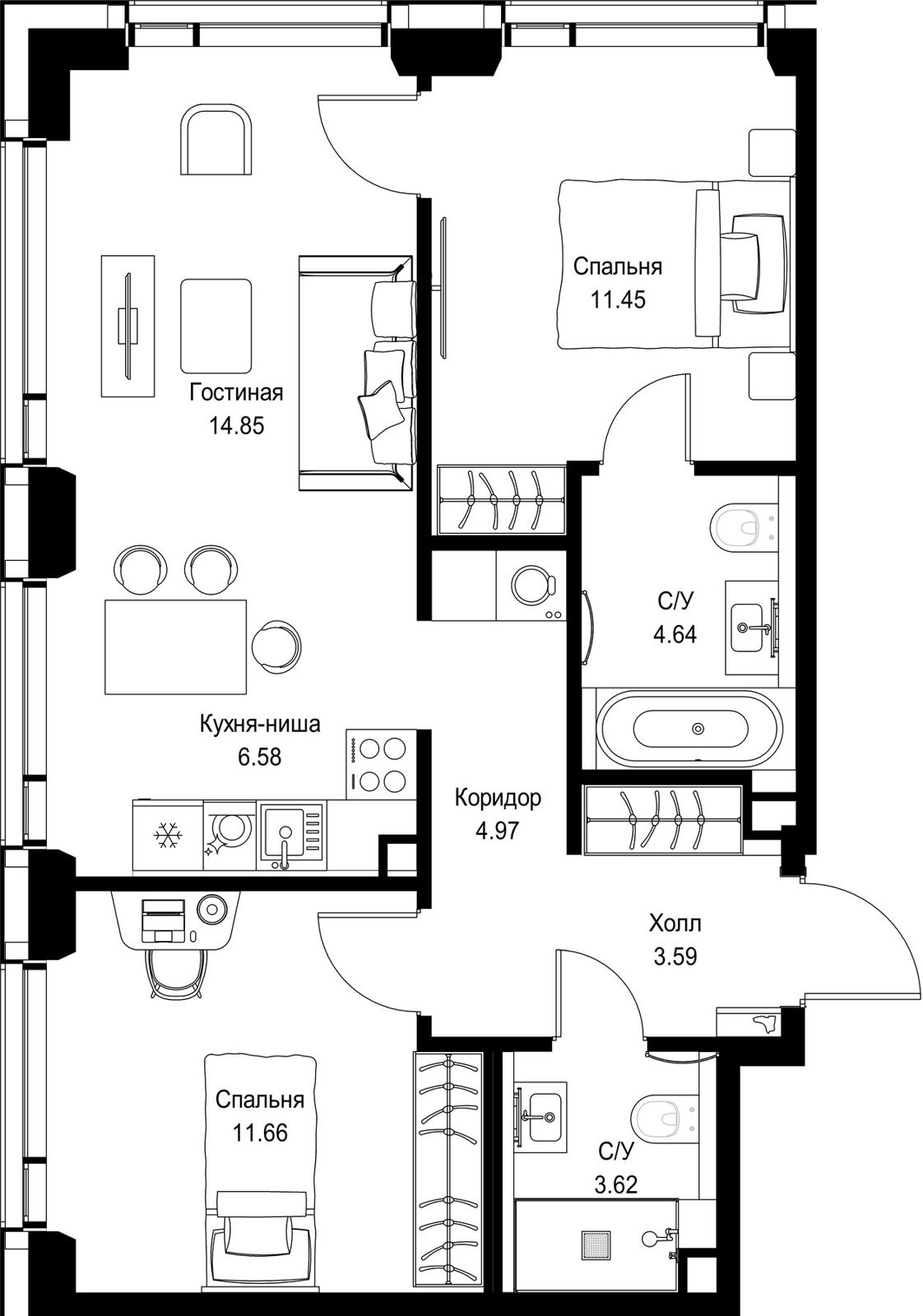 2-комнатная квартира, 61,4 м²