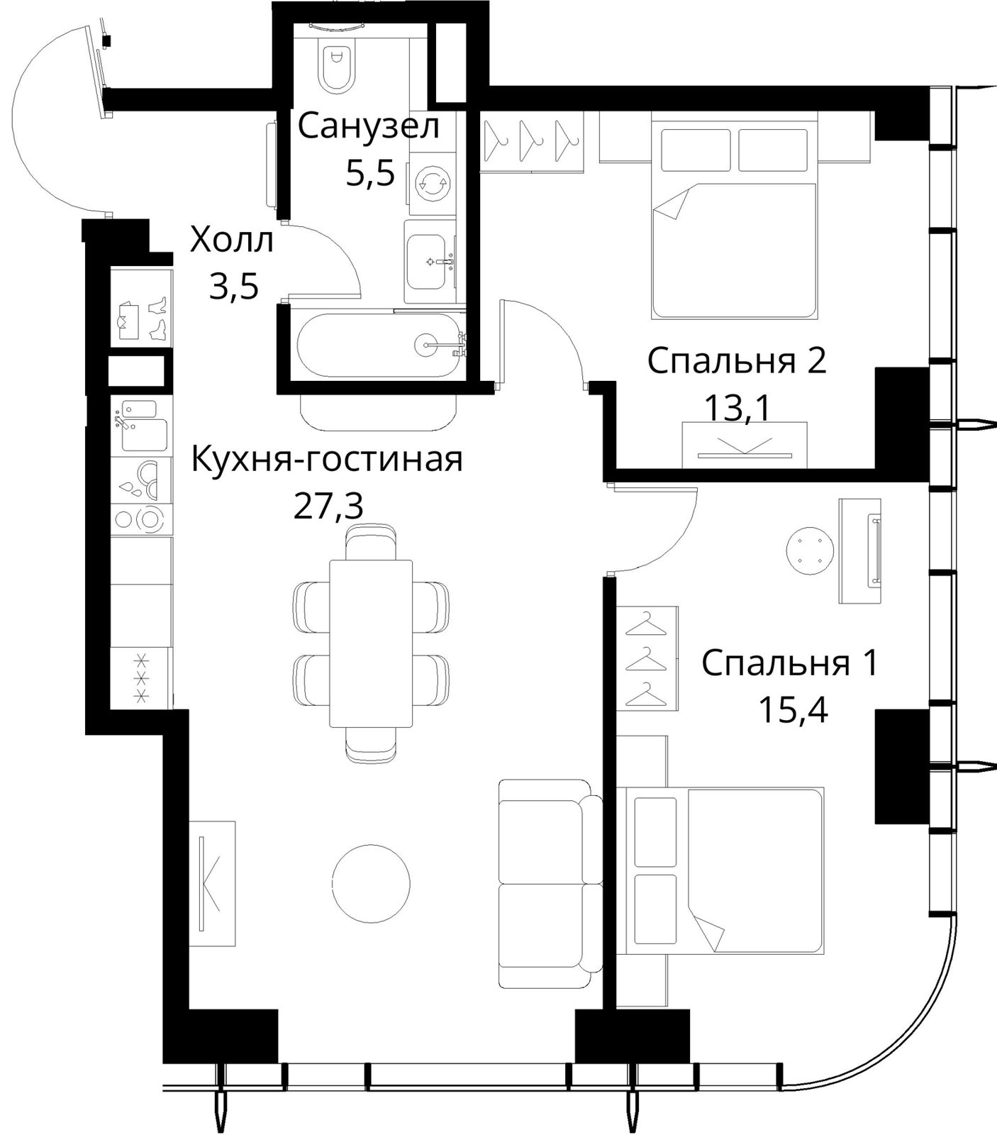 2-комнатная квартира, 64,8 м²