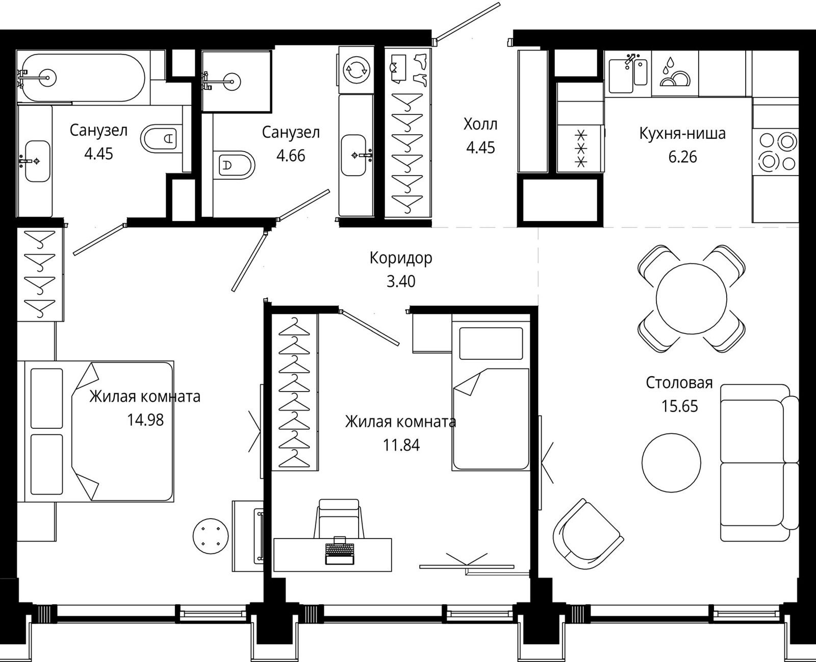 2-комнатная квартира, 65,7 м²
