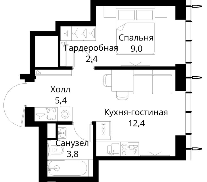 1-комнатная квартира, 33 м² — фото 1