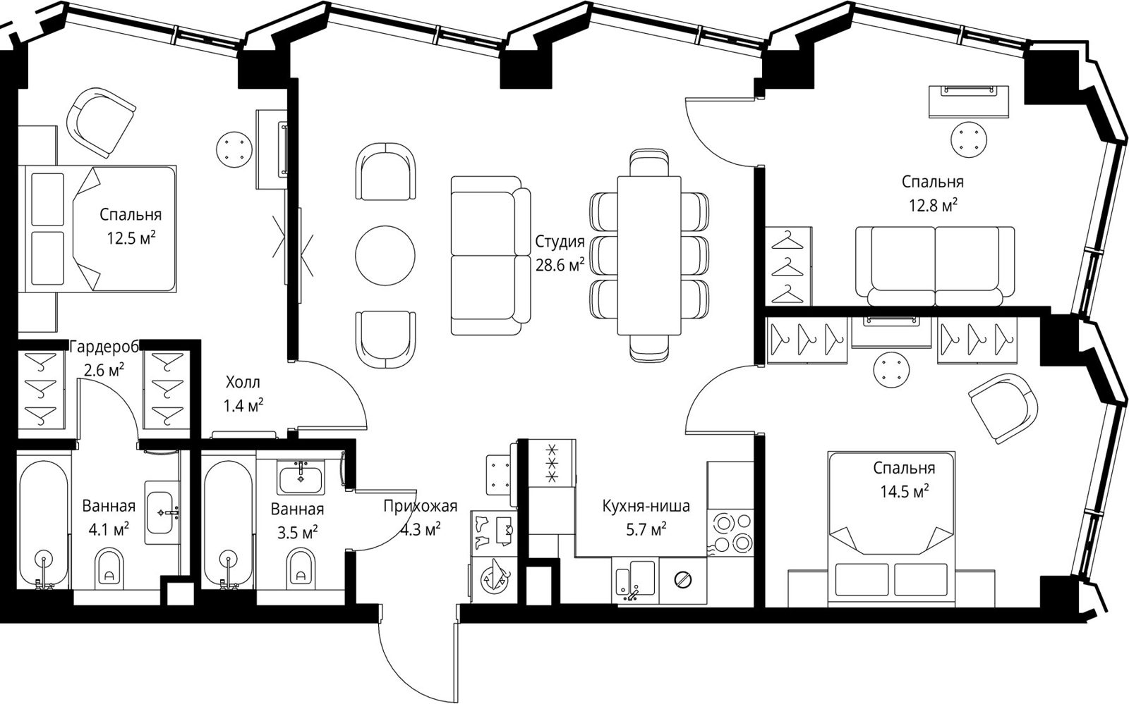 3-комнатная квартира, 90 м²