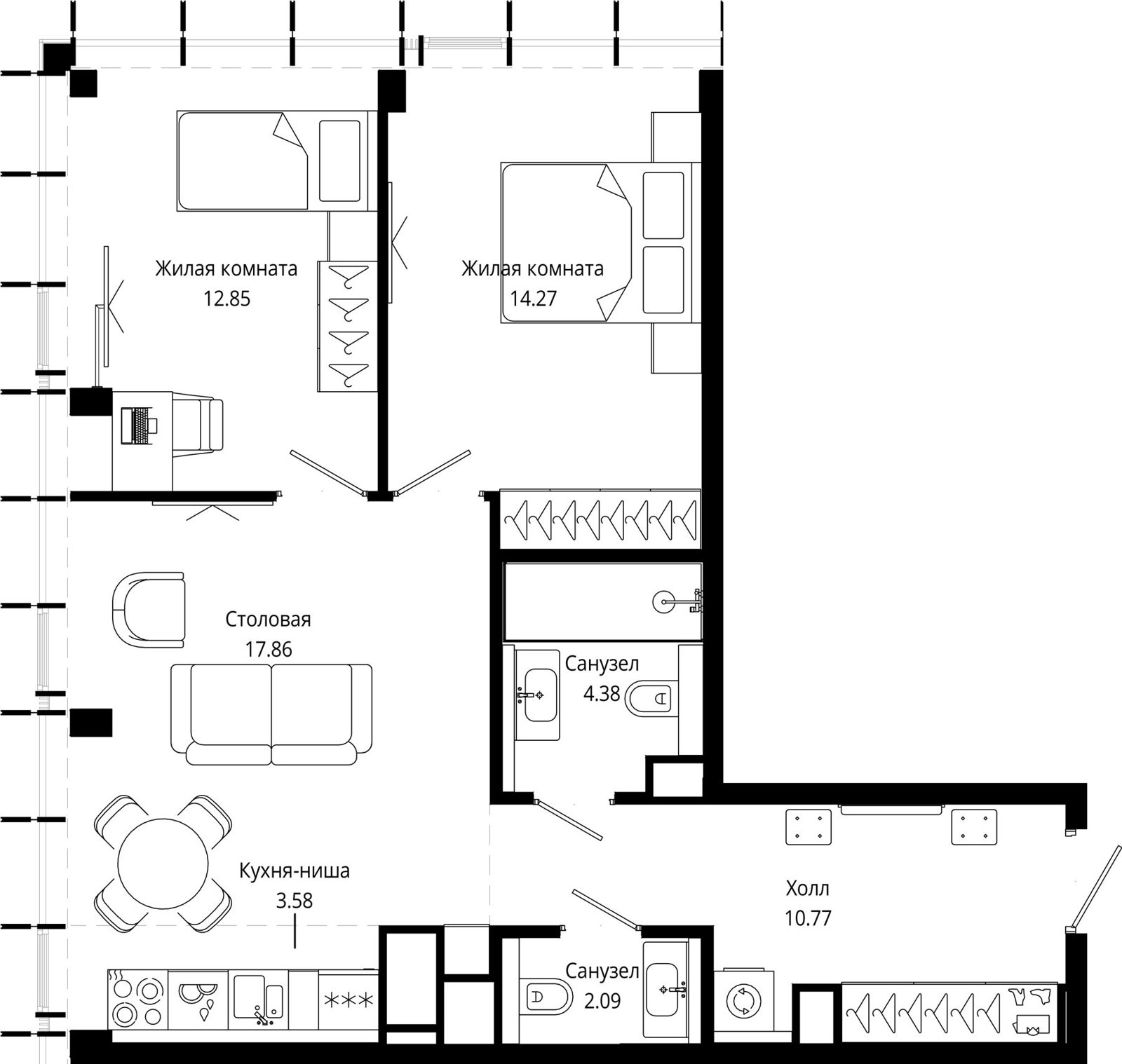 2-комнатная квартира, 66 м²