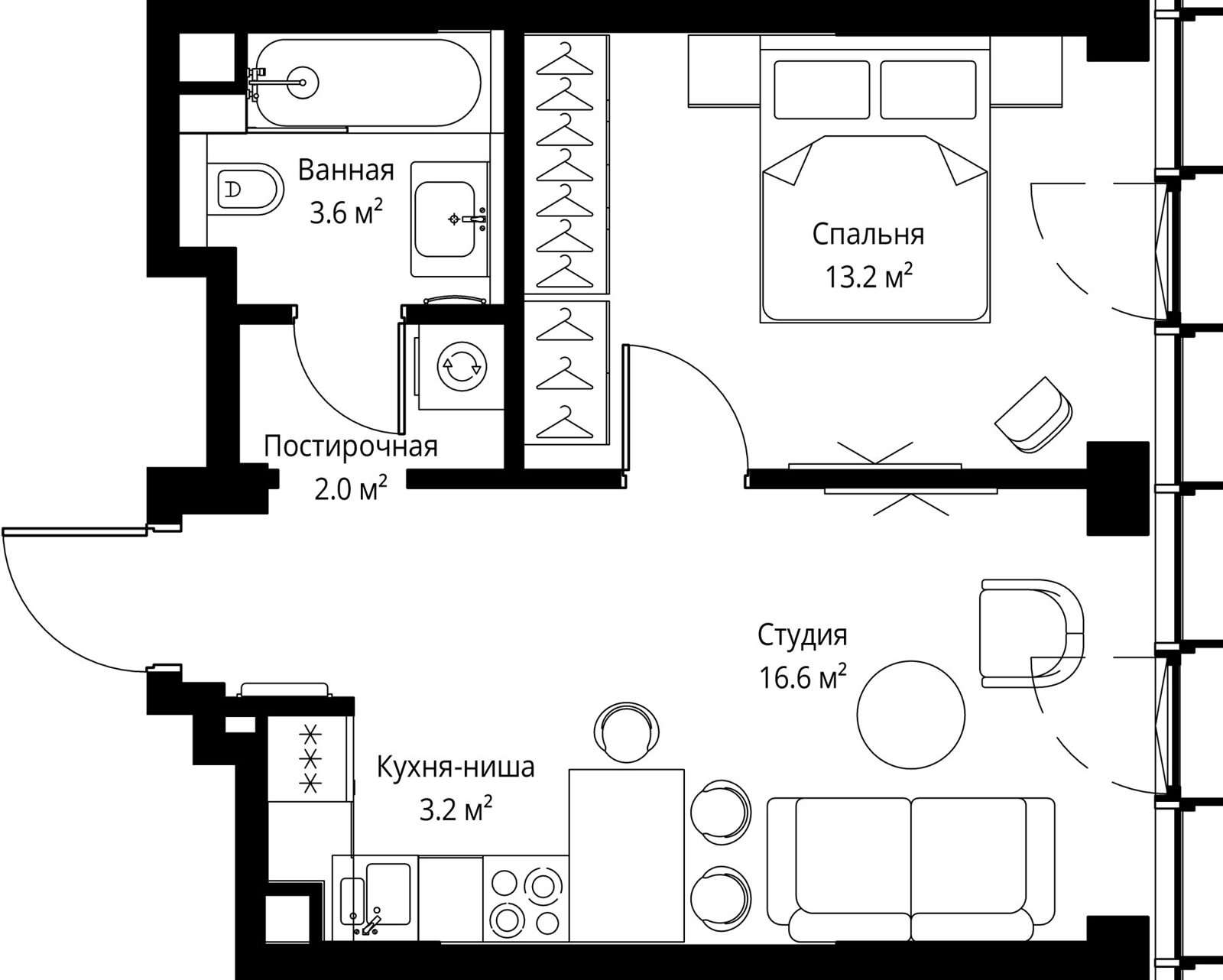 1-комнатная квартира, 38,6 м²