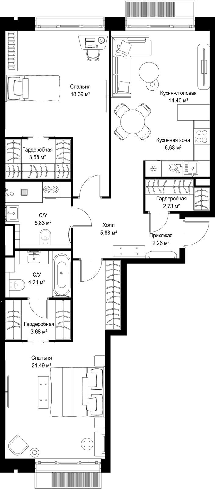 2-комнатная квартира, 89,2 м²