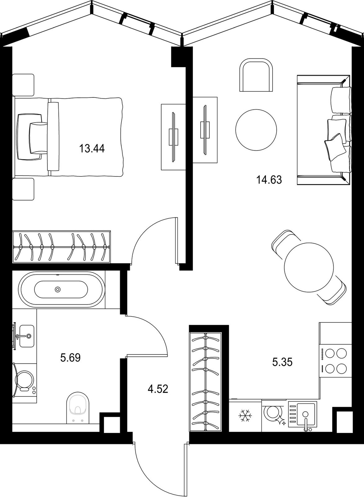 1-комнатная квартира, 43,6 м²