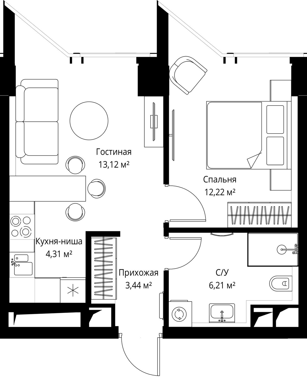 1-комнатная квартира, 39,2 м²