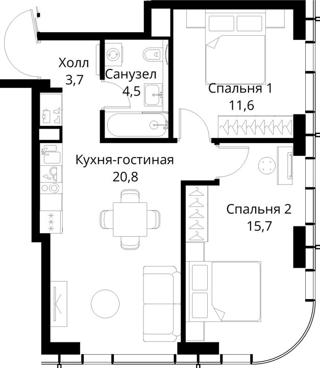 2-комнатная квартира, 56,3 м² — фото 1