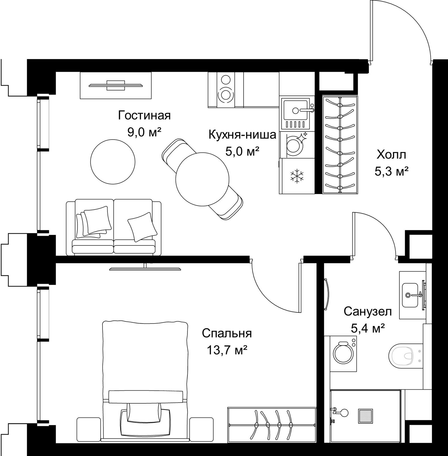 1-комнатная квартира, 38,4 м²