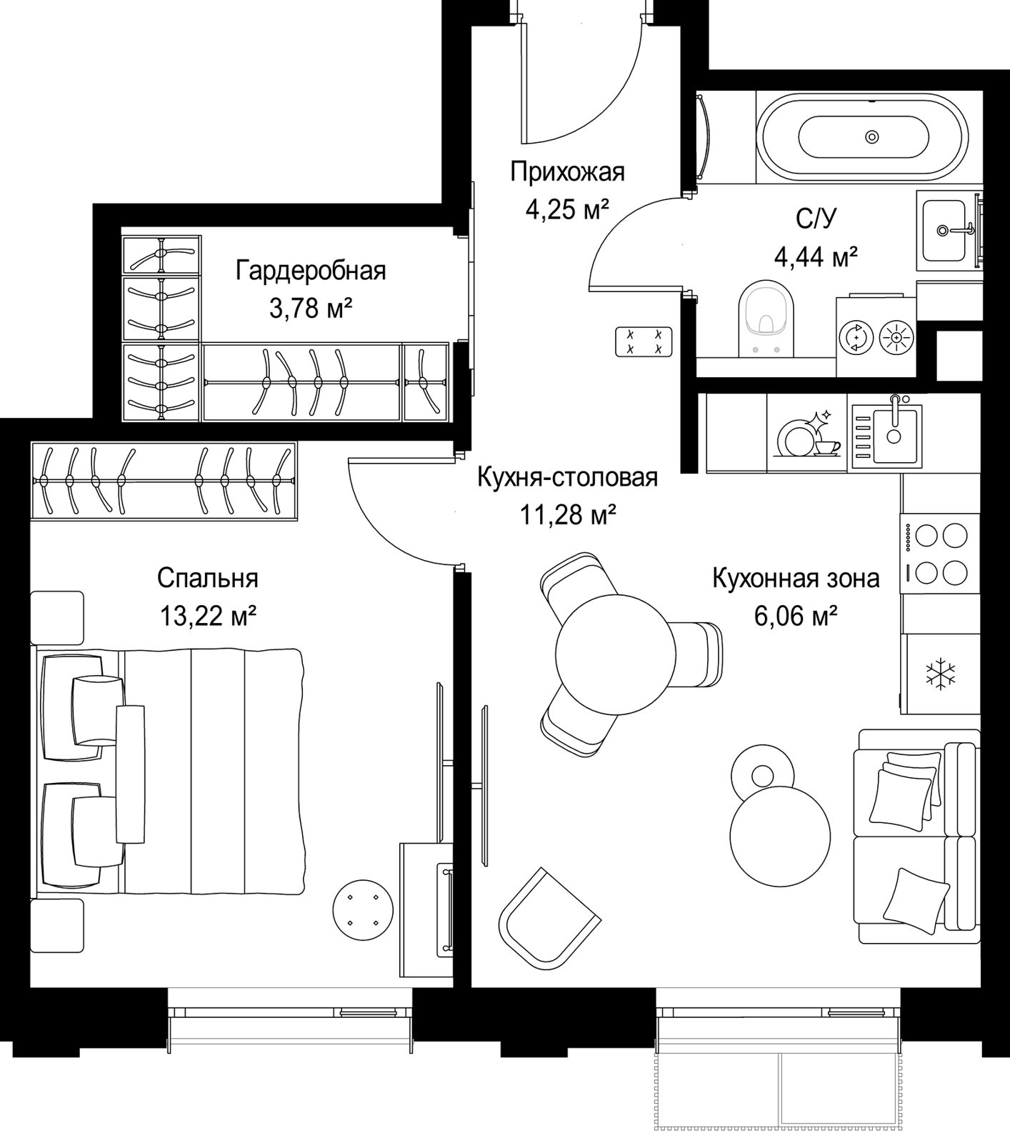 1-комнатная квартира, 43 м²
