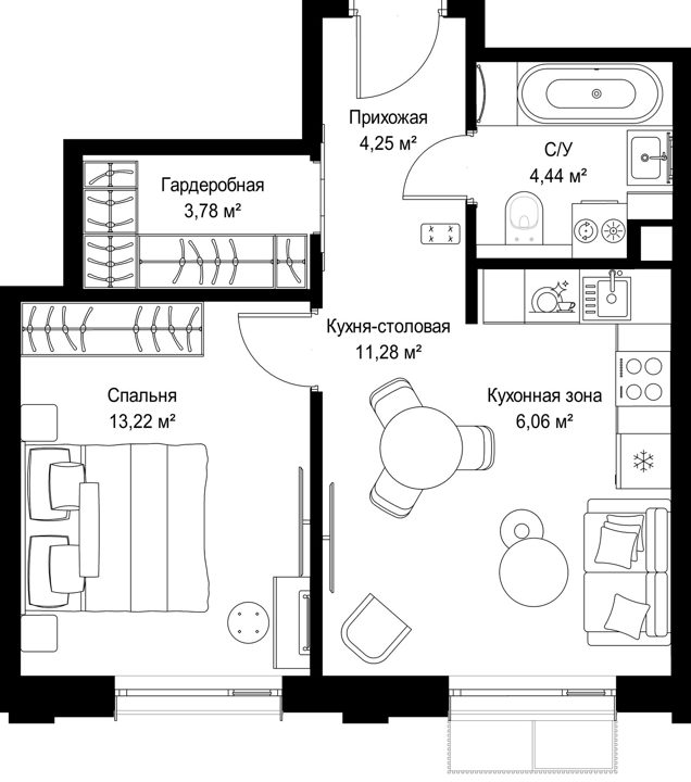 1-комнатная квартира, 43 м² — фото 1