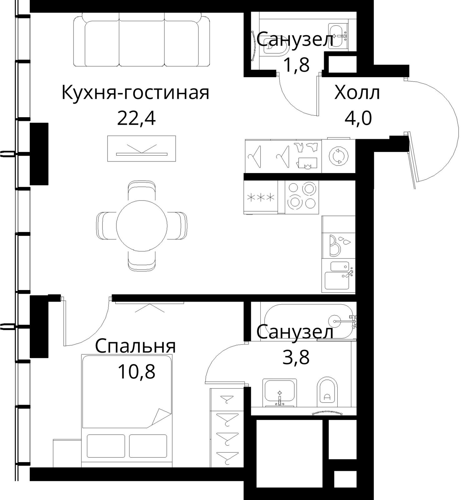 1-комнатная квартира, 42,8 м²