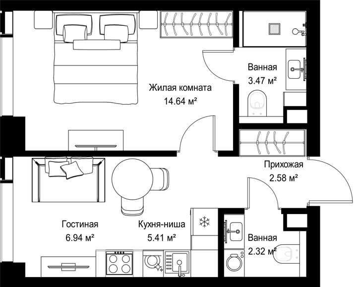 1-комнатная квартира, 35,4 м²