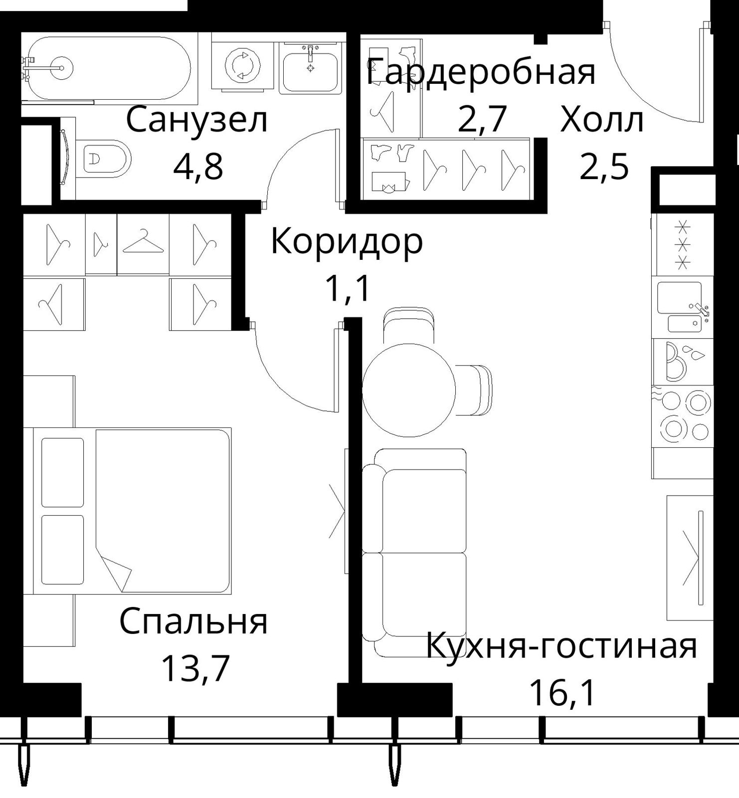 1-комнатная квартира, 40,9 м²