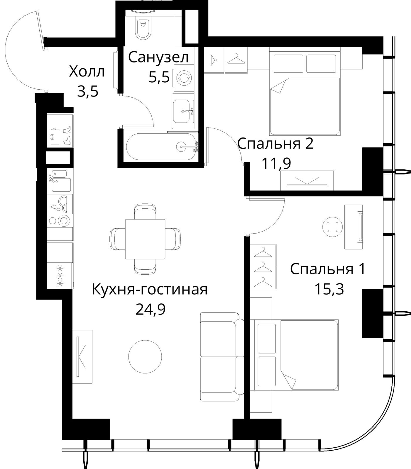 2-комнатная квартира, 61,1 м²