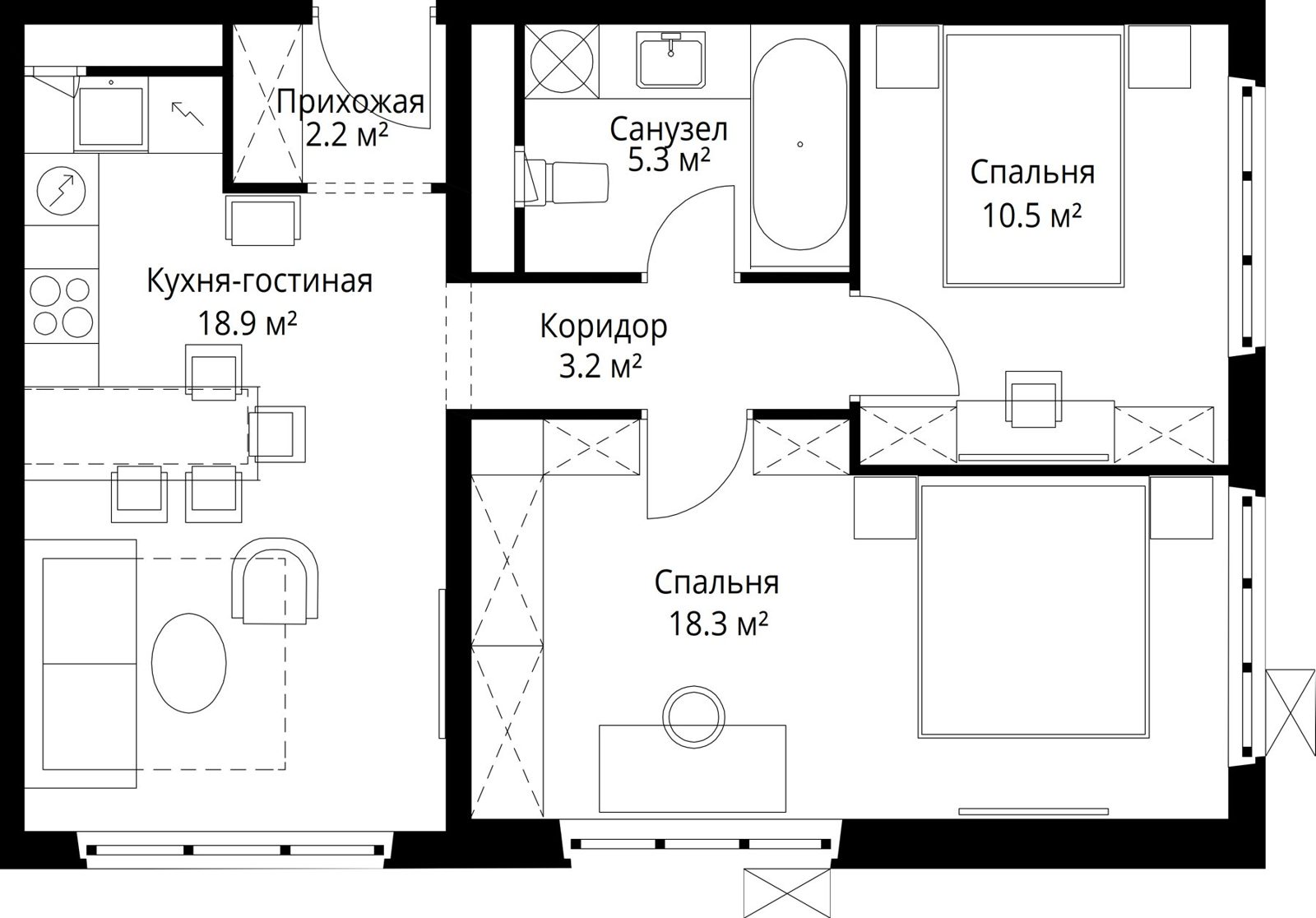 2-комнатная квартира, 58,4 м²