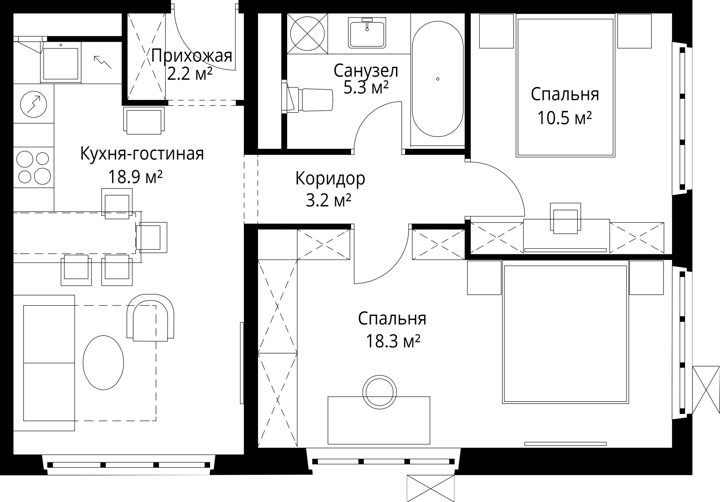 2-комнатная квартира, 58,4 м² — фото 1