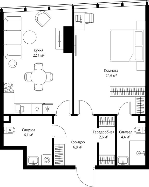 1-комнатная квартира, 66,6 м²