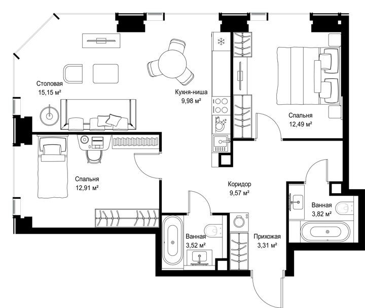 2-комнатная квартира, 70,8 м² — фото 2